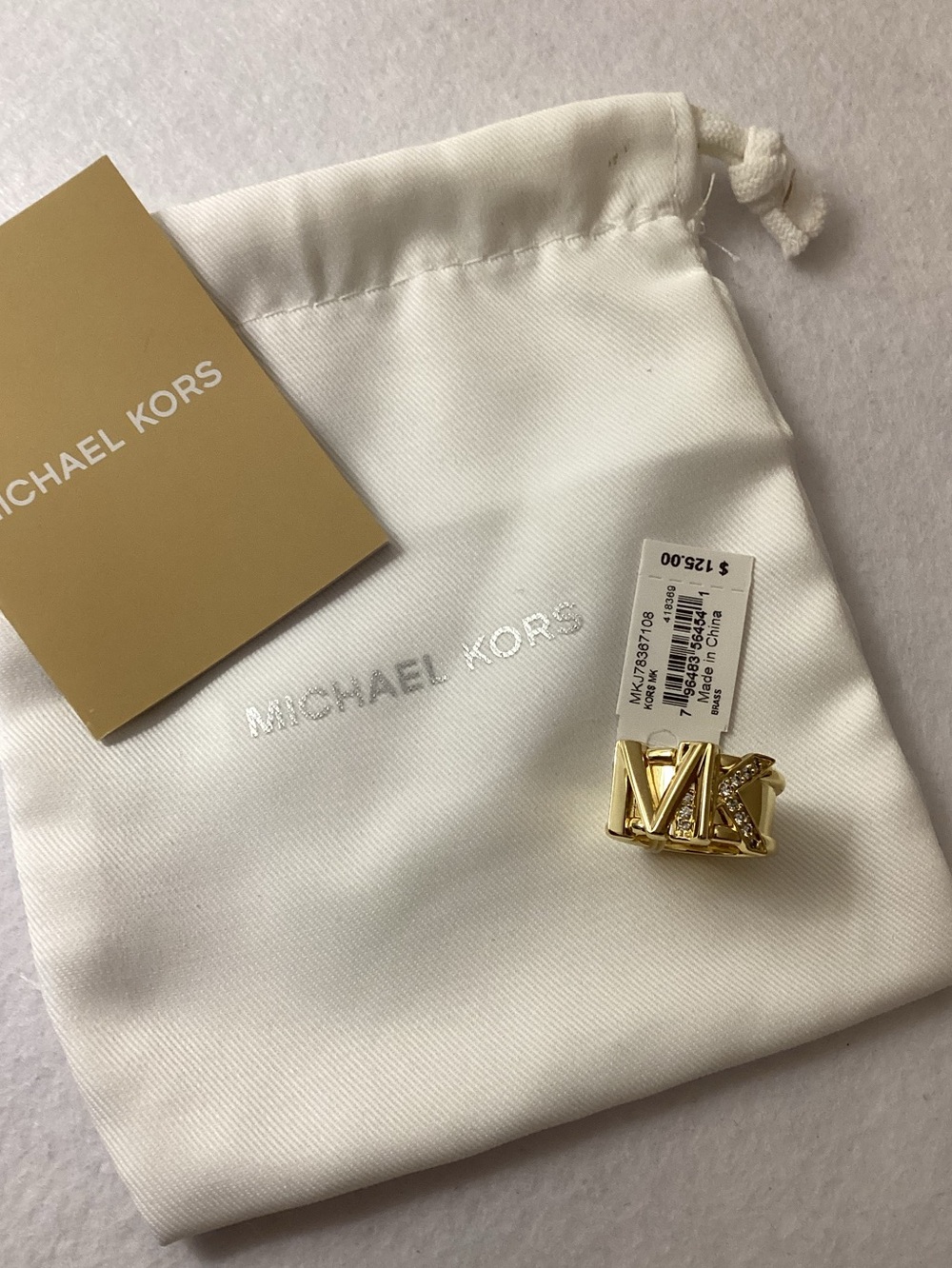 Michael Kors Faceted Mk Band Ring 14K Gold Plated Brass with Clear Stones